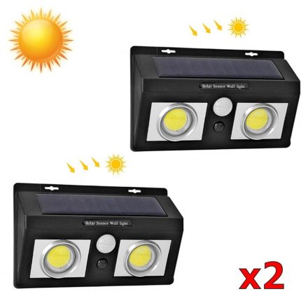 2 броя Соларна двойна лампа с 50 COB LED с ЛУПА 30 W за стенен монтаж с PIR датчик за движение
