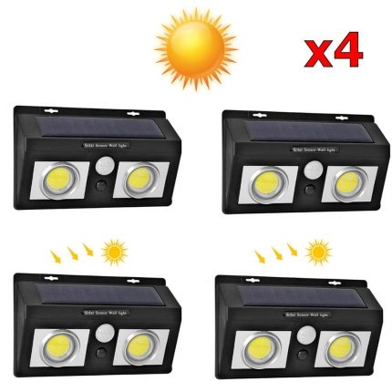 4 броя Соларна двойна лампа с 50 COB LED с ЛУПА 30 W за стенен монтаж с PIR датчик за движение