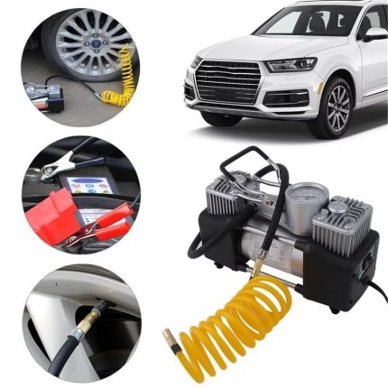 Немски двуцилиндров компресор за автомобили с LED фенер, маркуч за въздух и инструменти