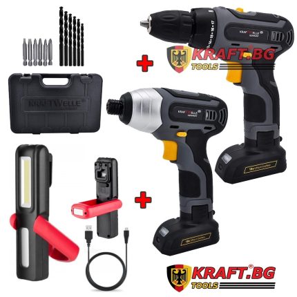 Професионален винтоверт и бормашина 18V KrafT + LED ФЕНЕР с Магнит
