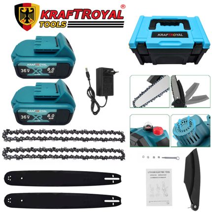 Резачка за Клони Kraf Royal 36V 8Ah с Автоматично Омасляване, Две Батерии и Две Вериги